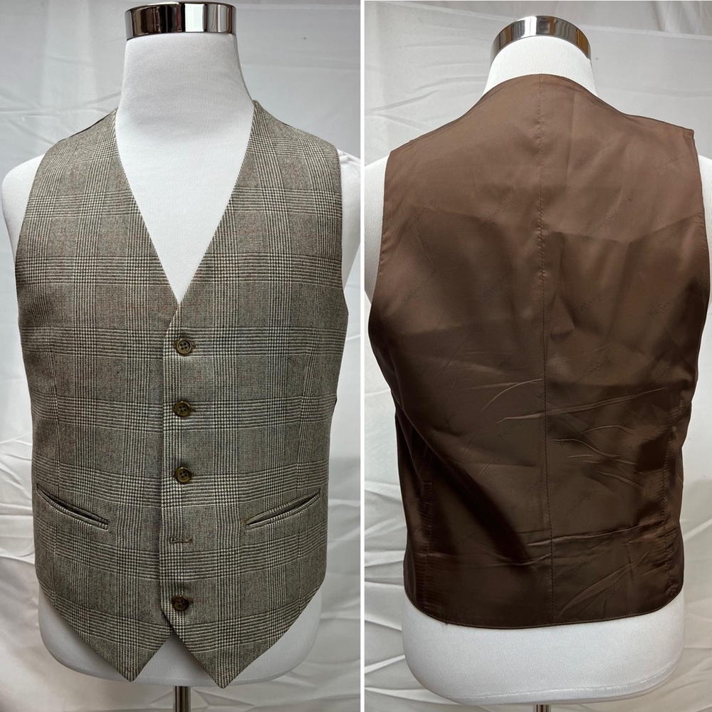 Men's YSL Yves Saint Laurent Houndstooth Plaid Tan Brown Red Vintage Vest Small - Picture 4 of 7